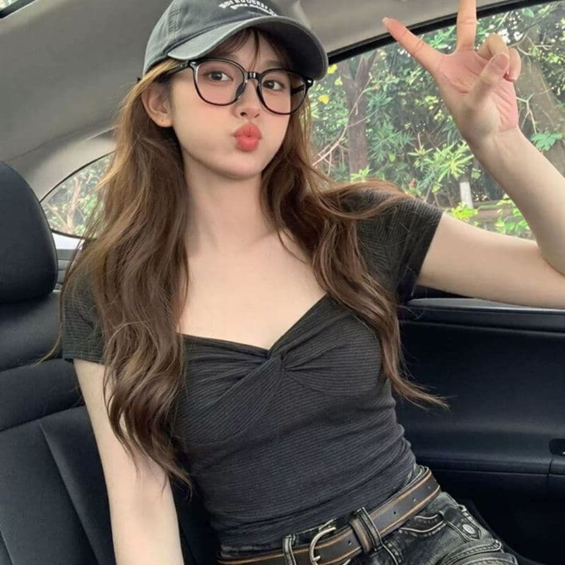 광장 칼라 스트라이프 비틀림 반팔 티셔츠 여성 여름 몸매 가꾸기 슬림해 보이는 허리 수축 출퇴근 핫걸 맨위 이미지 2