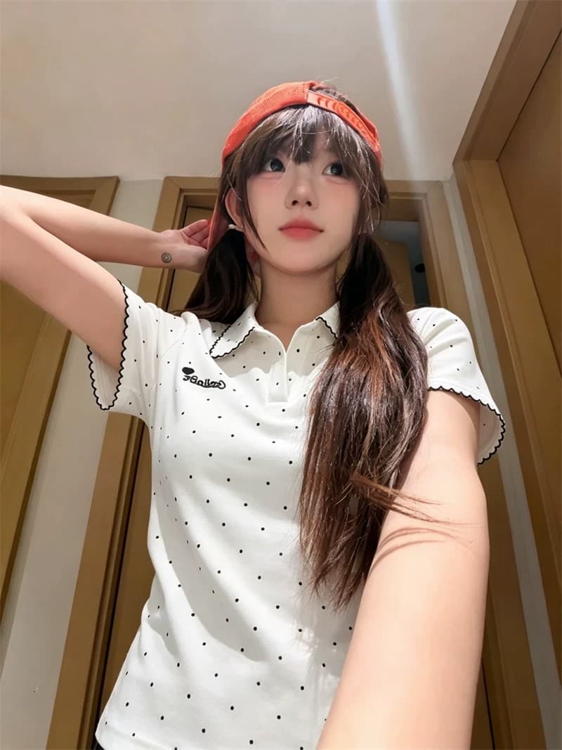 한 부서 학원 스타일 도트 무늬 긍정적 인 어깨 POLO 칼라 반팔 티셔츠 상세 이미지 3
