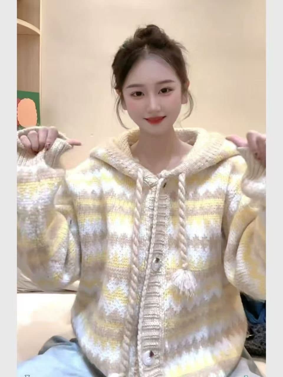 한국 스타일 레트로 무지개 스트라이프 후드 스웨터 여성 코트 가을 겨울 두꺼운 작은 키 느긋한 부드러운 찹쌀 찹쌀 니트 스웨터 이미지 2