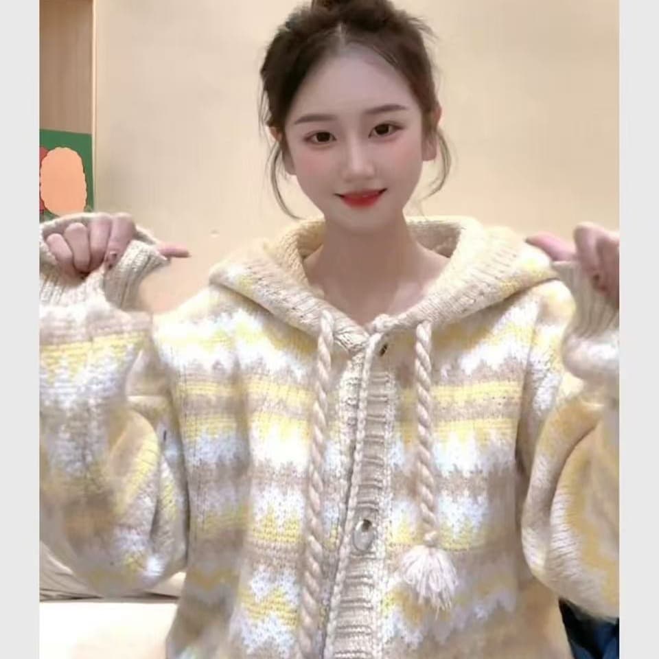 한국 스타일 레트로 무지개 스트라이프 후드 스웨터 여성 코트 가을 겨울 두꺼운 작은 키 느긋한 부드러운 찹쌀 찹쌀 니트 스웨터 이미지 5