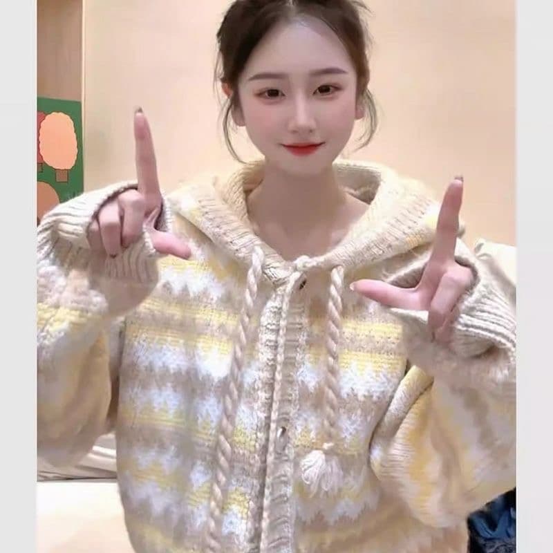 한국 스타일 레트로 무지개 스트라이프 후드 스웨터 여성 코트 가을 겨울 두꺼운 작은 키 느긋한 부드러운 찹쌀 찹쌀 니트 스웨터 상세 이미지 3