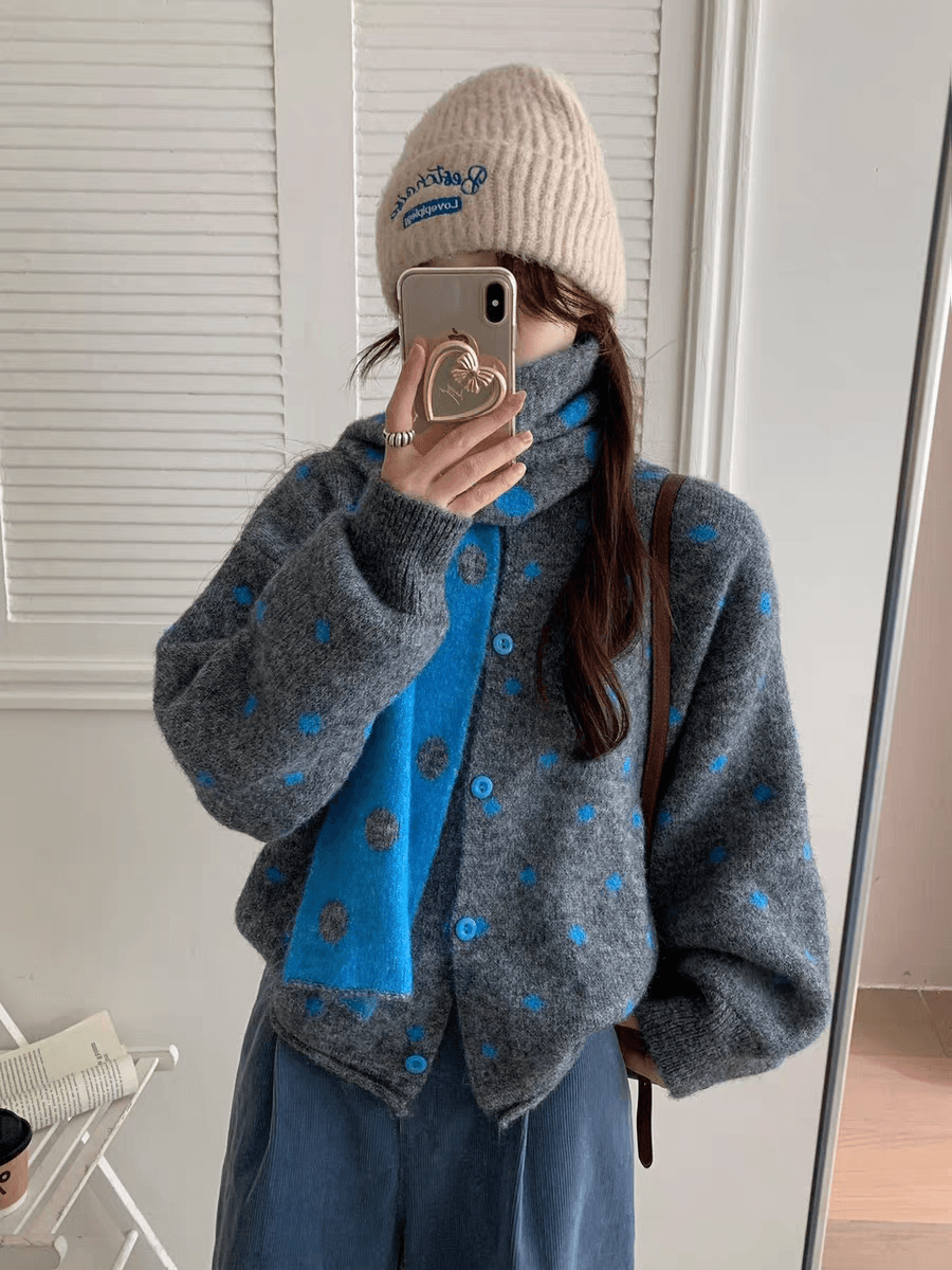 경기 스카프 한 부서 다용도 와이드 부드러운 찹쌀 느긋한 보온 라운드 넥 도트 무늬 스웨터 여자 겨울 루즈핏 트렌디 맨위 이미지 4
