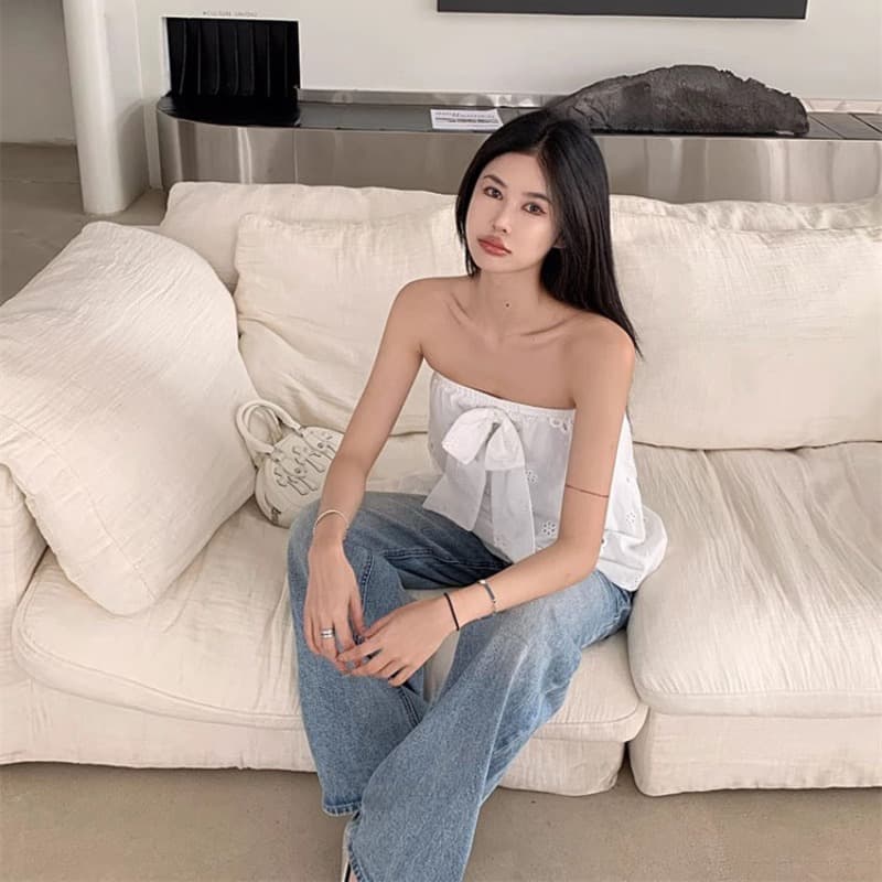 순면 한 부서 고급 센스 나비 매듭 튜브탑 여성 여름 새로운 디자인 센스 홀로우 아웃 루즈핏 슬림해 보이는 캐주얼 맨위