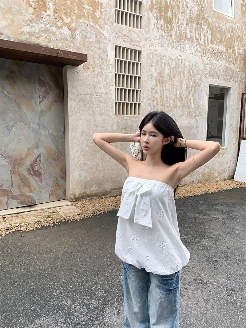 순면 한 부서 고급 센스 나비 매듭 튜브탑 여성 여름 새로운 디자인 센스 홀로우 아웃 루즈핏 슬림해 보이는 캐주얼 맨위 상세 이미지 11