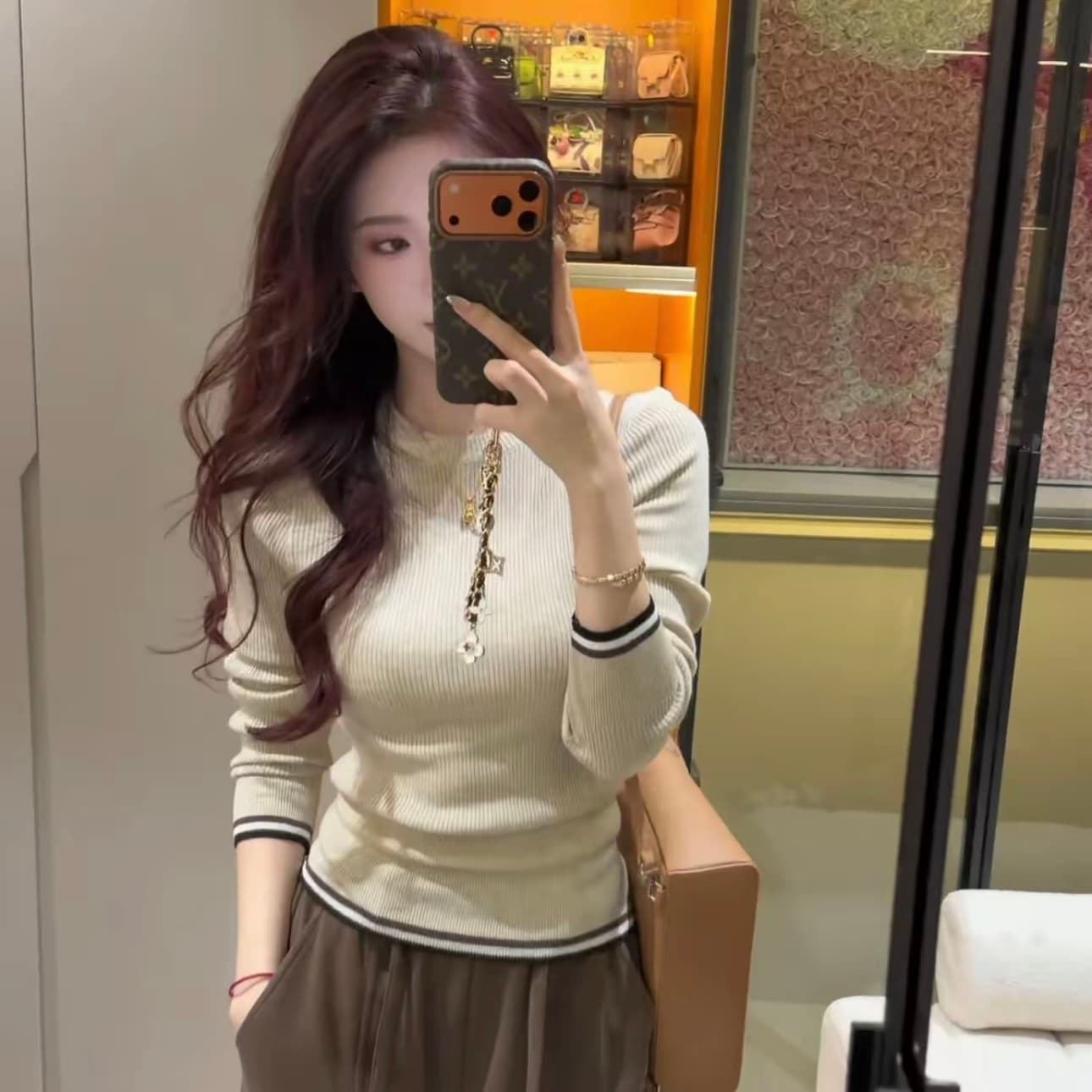 한 부서 품격 배색 패치워크 긴팔 니트 스웨터 여성 가을 겨울 몸매 가꾸기 슬림해 보이는 고급 센스 다용도 기본 셔츠 맨위 이미지 2