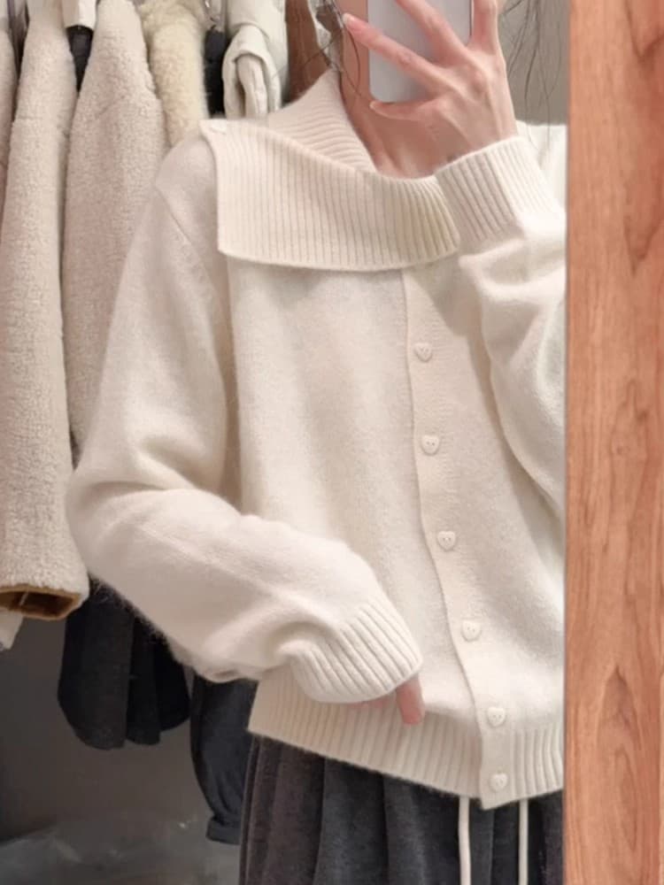 디자인 센스 작은 대중 회색 폴로 칼라 양모 니트 스웨터 여성 이른 가을 품격 Chic 불규칙 쇼트 스타일 오픈 가디건 맨위 이미지 3