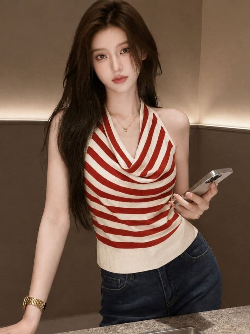 한 부서 배색 스트라이프 흔들다 칼라 민소매 니트 스웨터 여름 핫걸 백리스 쇼트 스타일 맨위 이미지 3