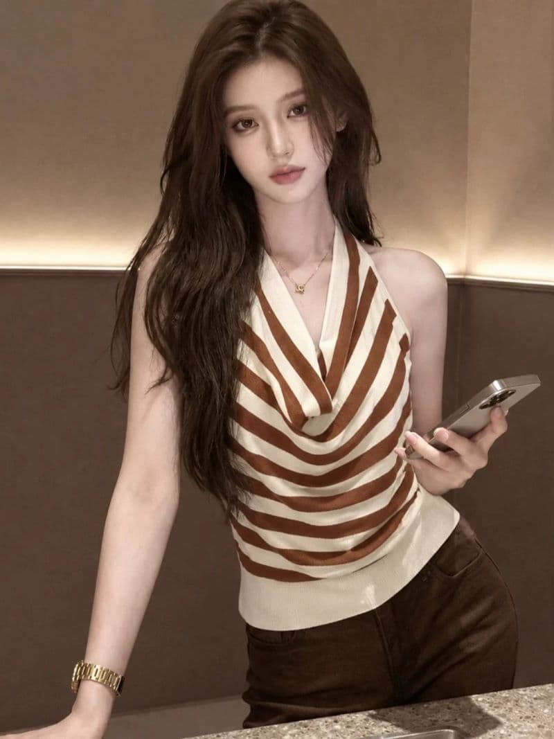한 부서 배색 스트라이프 흔들다 칼라 민소매 니트 스웨터 여름 핫걸 백리스 쇼트 스타일 맨위 상세 이미지 2