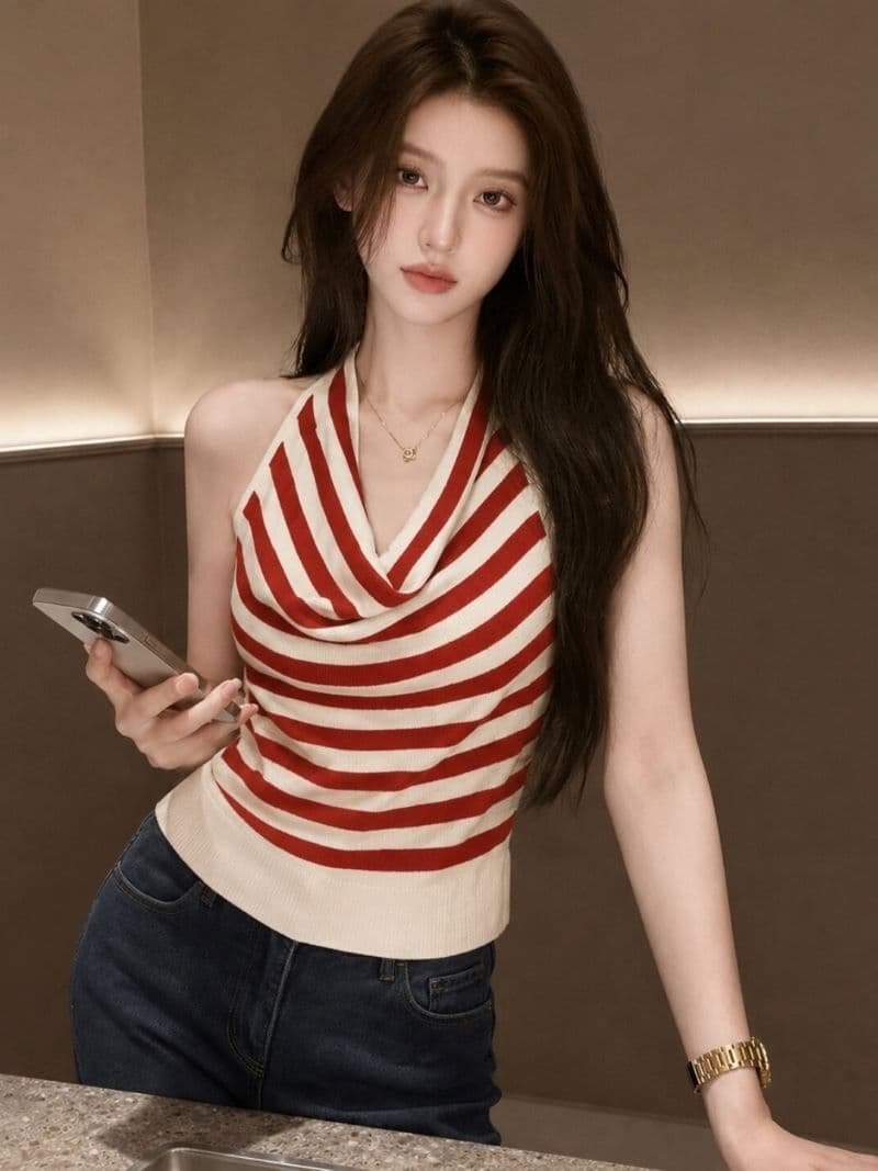 한 부서 배색 스트라이프 흔들다 칼라 민소매 니트 스웨터 여름 핫걸 백리스 쇼트 스타일 맨위 상세 이미지 3