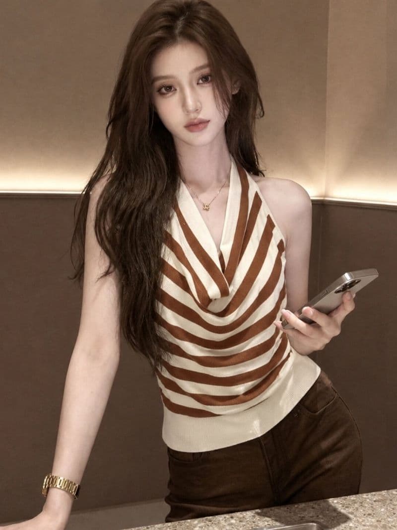 한 부서 배색 스트라이프 흔들다 칼라 민소매 니트 스웨터 여름 핫걸 백리스 쇼트 스타일 맨위 상세 이미지 4