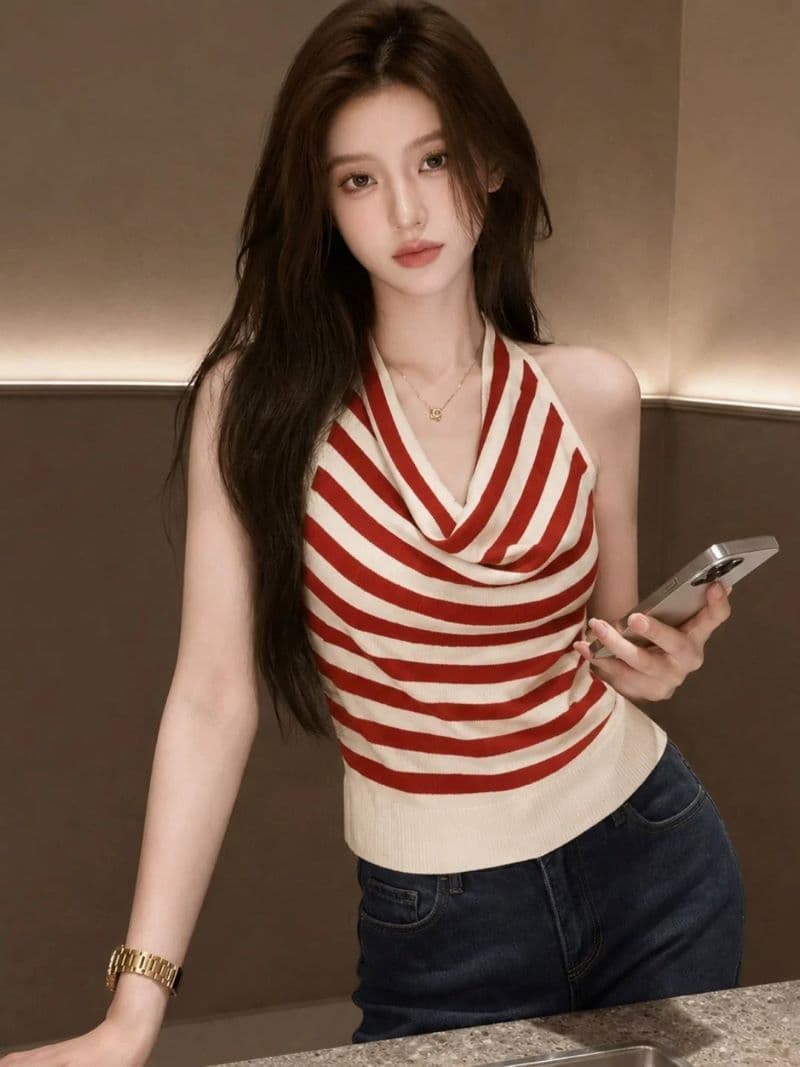 한 부서 배색 스트라이프 흔들다 칼라 민소매 니트 스웨터 여름 핫걸 백리스 쇼트 스타일 맨위 상세 이미지 5