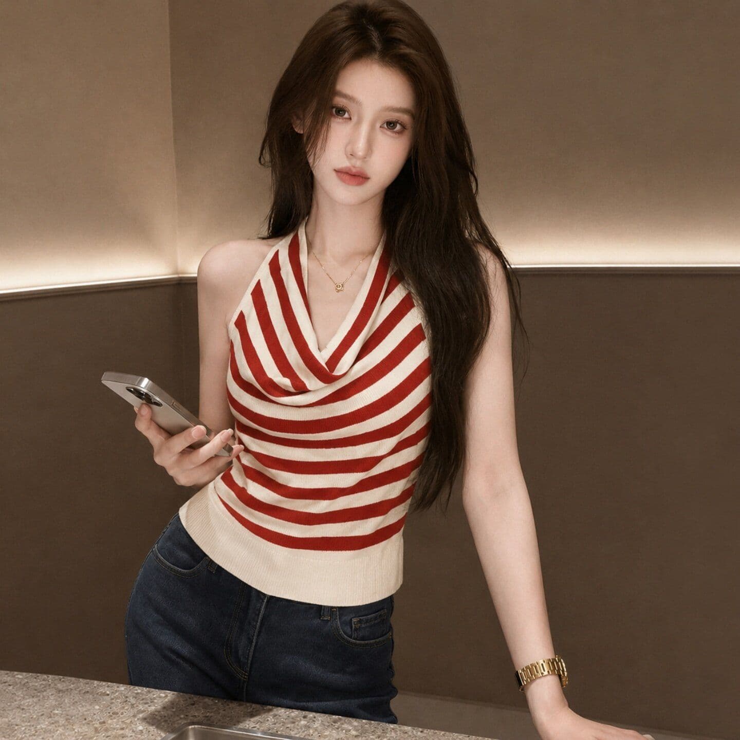 한 부서 배색 스트라이프 흔들다 칼라 민소매 니트 스웨터 여름 핫걸 백리스 쇼트 스타일 맨위 상세 이미지 6