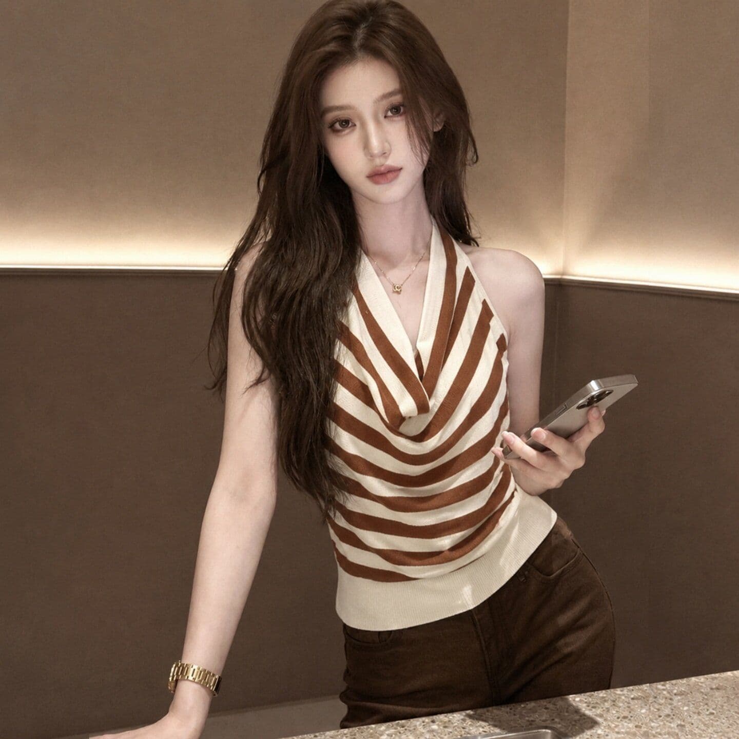 한 부서 배색 스트라이프 흔들다 칼라 민소매 니트 스웨터 여름 핫걸 백리스 쇼트 스타일 맨위 상세 이미지 7