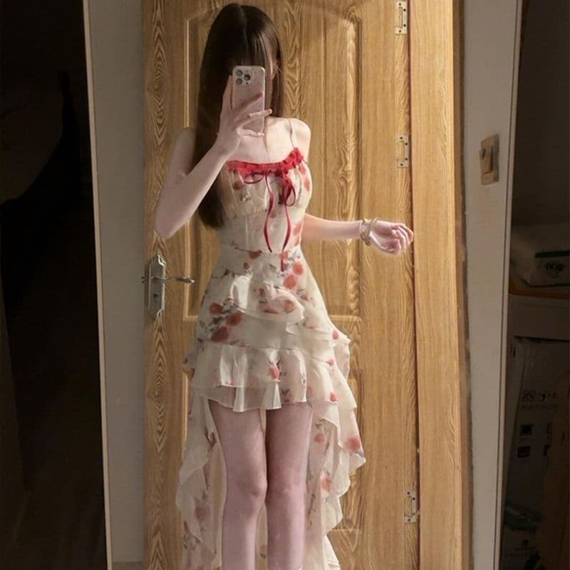 원본 것 있음 네리 프랑스식 디자인 센스 레이스업 헤일로 염색 꽃무늬 불규칙 밑단 레이스 레이스 슬림해 보이는 치마 이미지 3
