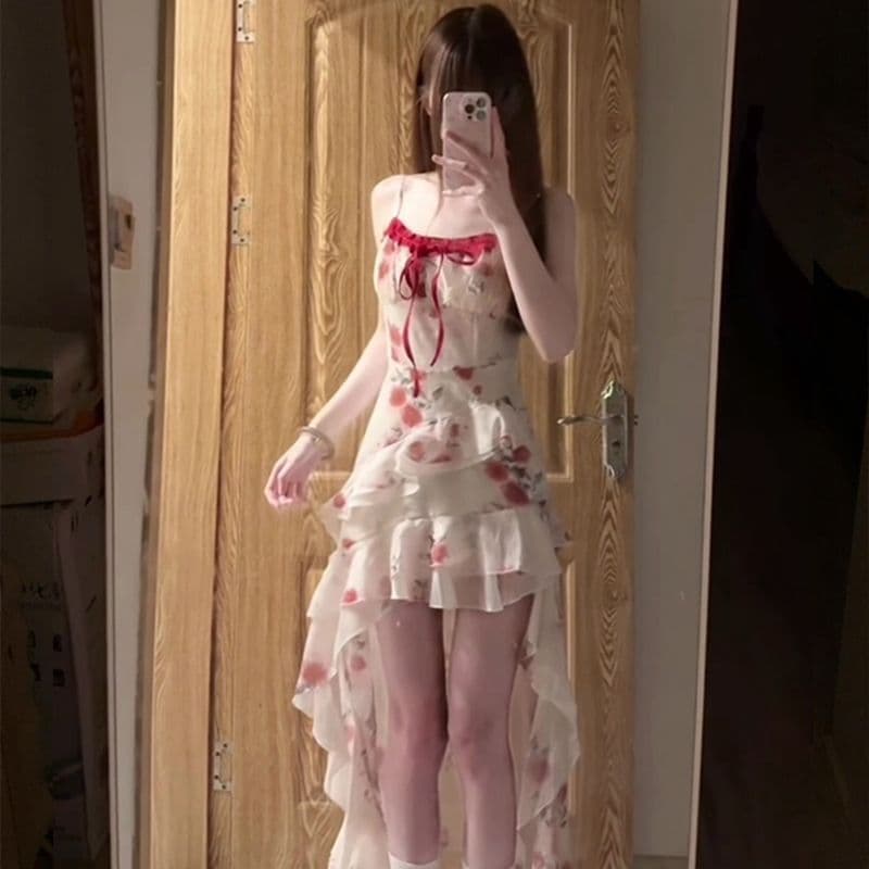원본 것 있음 네리 프랑스식 디자인 센스 레이스업 헤일로 염색 꽃무늬 불규칙 밑단 레이스 레이스 슬림해 보이는 치마 이미지 2