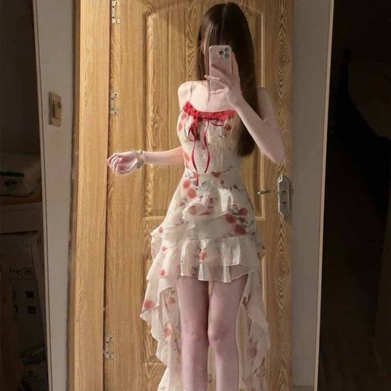 원본 것 있음 네리 프랑스식 디자인 센스 레이스업 헤일로 염색 꽃무늬 불규칙 밑단 레이스 레이스 슬림해 보이는 치마 이미지 4