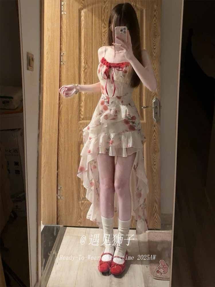 원본 것 있음 네리 프랑스식 디자인 센스 레이스업 헤일로 염색 꽃무늬 불규칙 밑단 레이스 레이스 슬림해 보이는 치마 상세 이미지 3