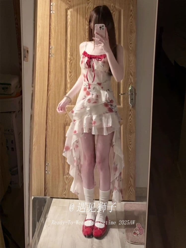 원본 것 있음 네리 프랑스식 디자인 센스 레이스업 헤일로 염색 꽃무늬 불규칙 밑단 레이스 레이스 슬림해 보이는 치마 상세 이미지 4