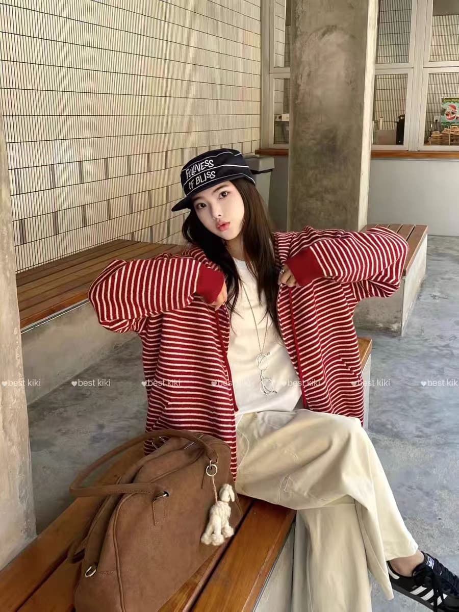 여성 코트 한국 chic 가을 겨울철 다용도 캐주얼 느긋한 바람 스트라이프 루즈핏 중간 길이 후드 니트 맨위