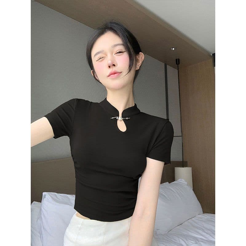 210 그램 1x1 순면 리브 새로운 중식 치파오 국풍 품격 반팔 티셔츠 맨위 여성 의류 이미지 4