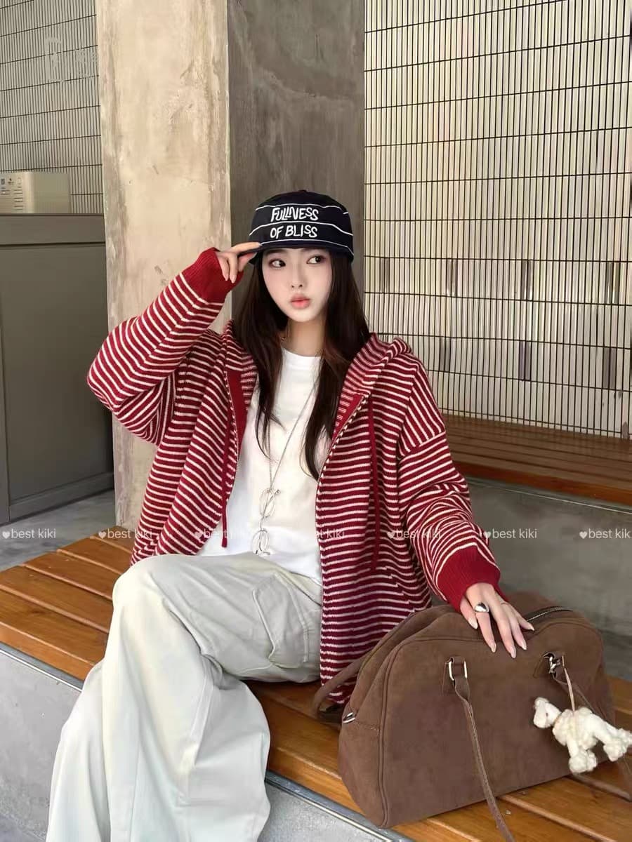 여성 코트 한국 chic 가을 겨울철 다용도 캐주얼 느긋한 바람 스트라이프 루즈핏 중간 길이 후드 니트 맨위 상세 이미지 1