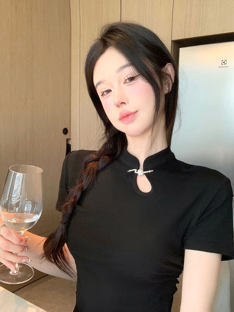 210 그램 1x1 순면 리브 새로운 중식 치파오 국풍 품격 반팔 티셔츠 맨위 여성 의류 상세 이미지 13