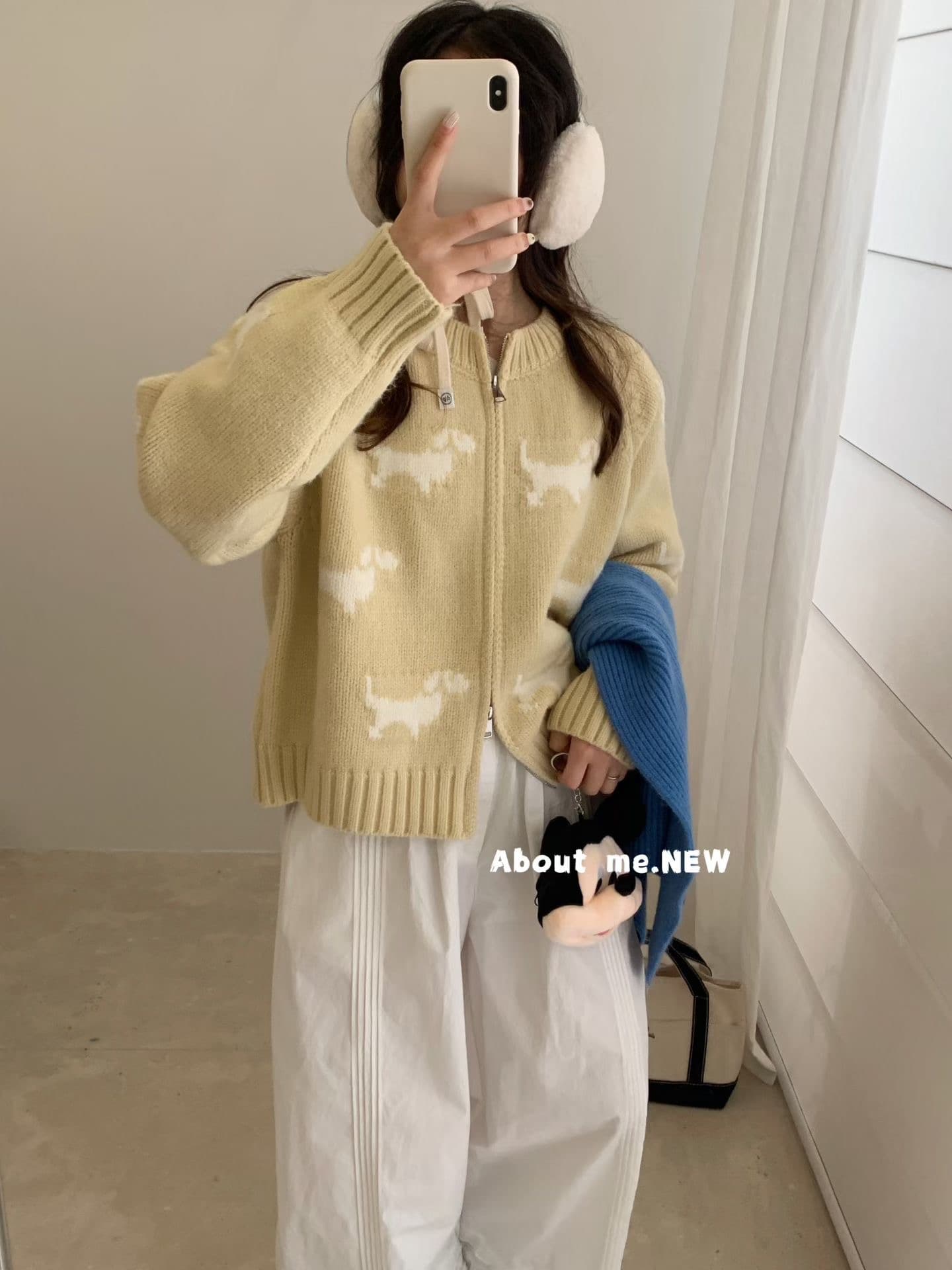 한 부서 귀여운 강아지 자카드 라운드 넥 더블 지퍼 스웨터 여성 코트 가을 겨울 새로운 루즈핏 연령 감소 니트 오픈 가디건 상세 이미지 2