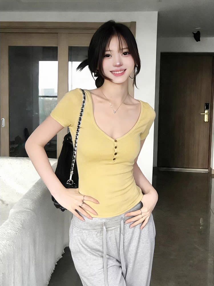 도파민 긍정적 인 어깨 반팔 티셔츠 여성 의류 여름 V넥 핫걸 섹시함 몸매 가꾸기 쇼트 스타일 작은 대중 맨위 상세 이미지 25