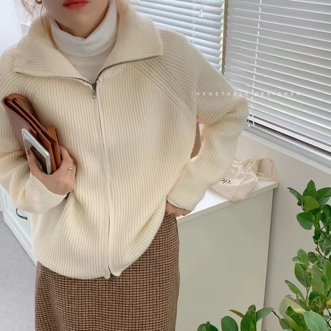 가을 겨울 캐주얼 클래식 섹션 폴로 칼라 지퍼 스웨터 코트 한국 스타일 루즈핏 삽입 어깨 소매 스탠드 칼라 털실 니트 오픈 가디건 상세 이미지 5