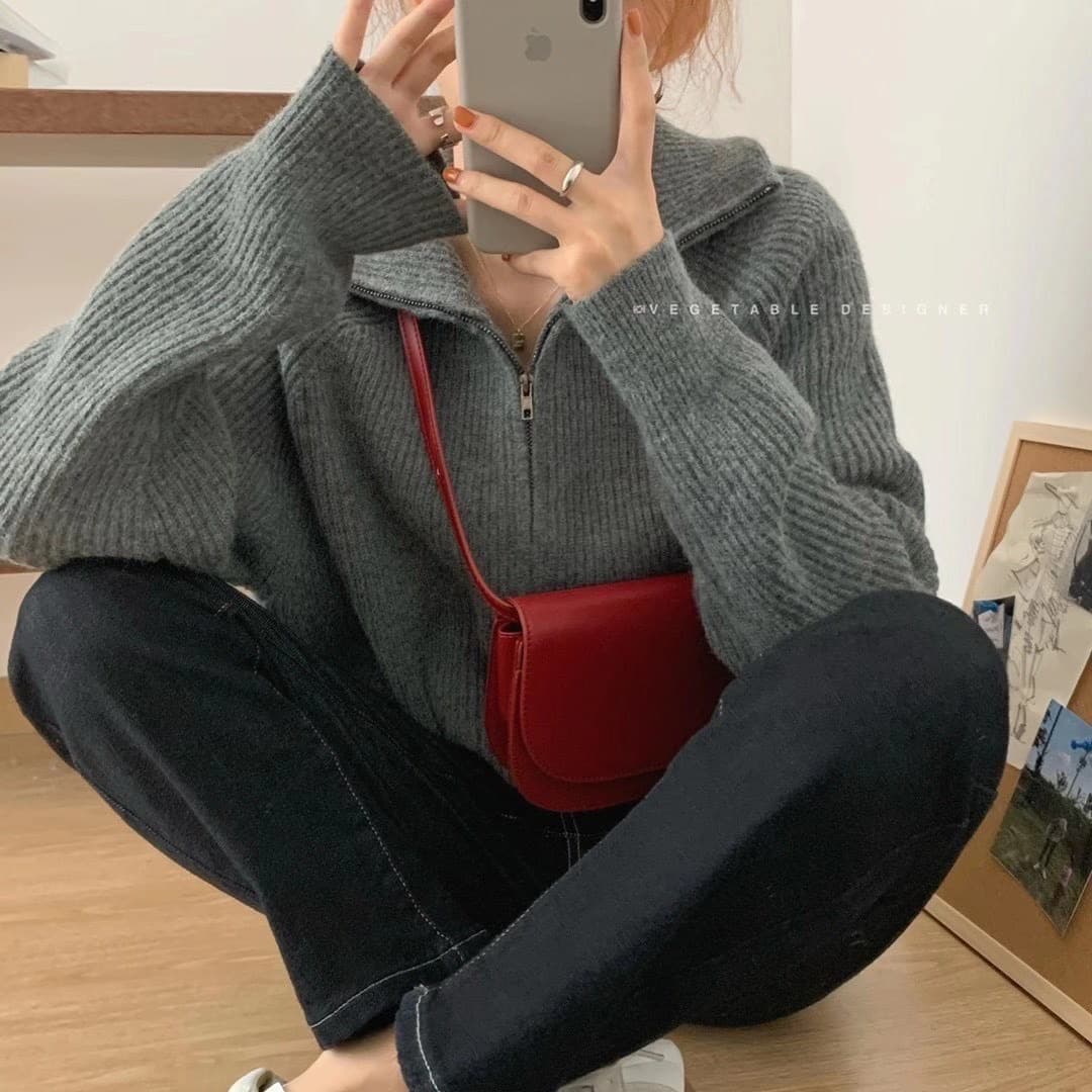 가을 겨울 캐주얼 클래식 섹션 폴로 칼라 지퍼 스웨터 코트 한국 스타일 루즈핏 삽입 어깨 소매 스탠드 칼라 털실 니트 오픈 가디건 상세 이미지 8