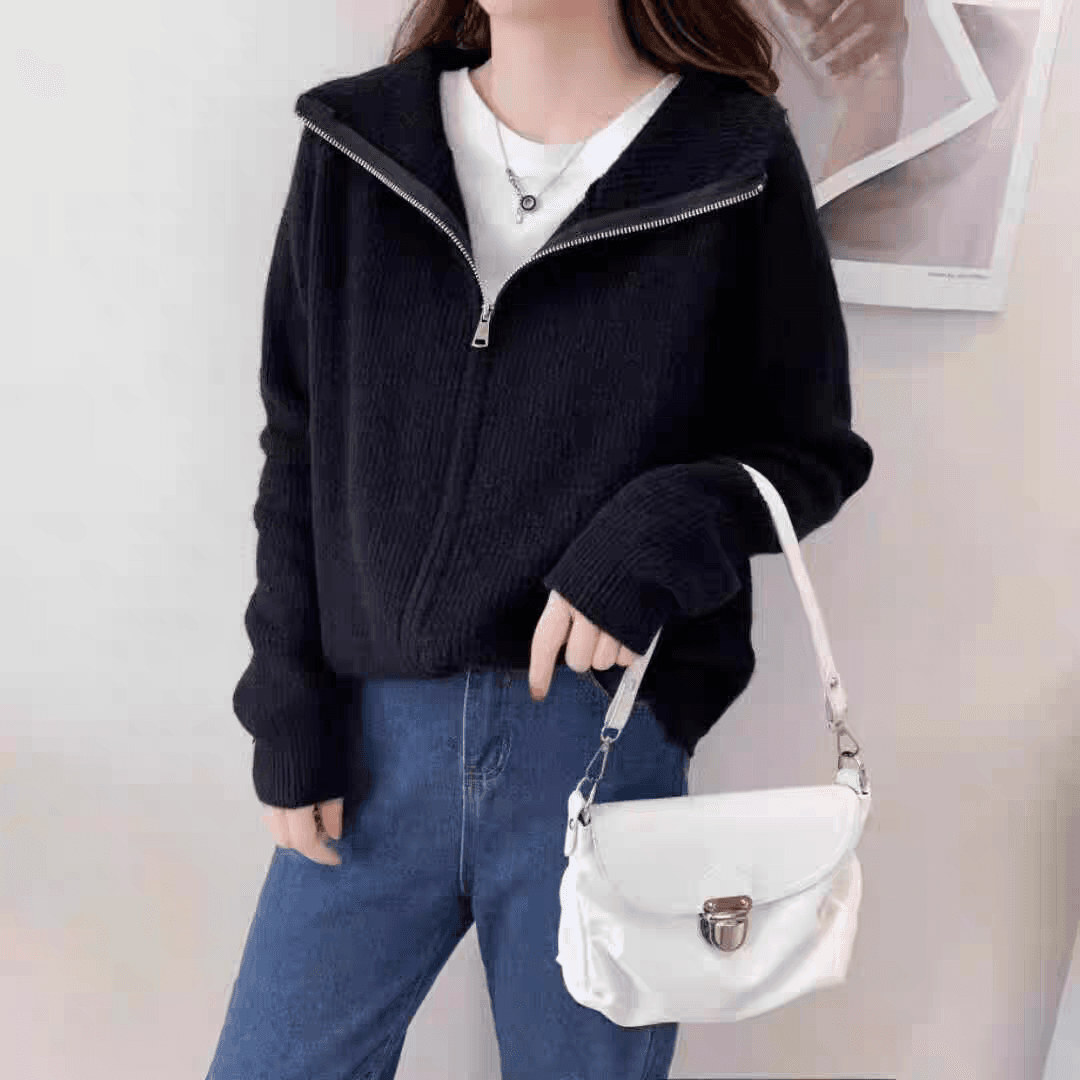 가을 겨울 캐주얼 클래식 섹션 폴로 칼라 지퍼 스웨터 코트 한국 스타일 루즈핏 삽입 어깨 소매 스탠드 칼라 털실 니트 오픈 가디건 상세 이미지 11
