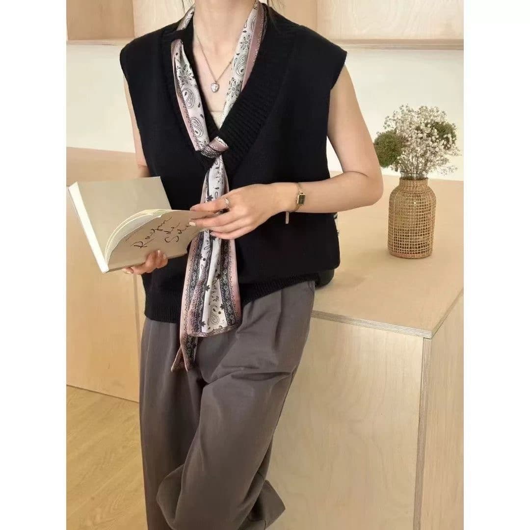 한 부서 V넥 단색 리본 니트 조끼 여자 계절 새로운 루즈핏 다용도 품격 스웨터 조끼 이미지 3