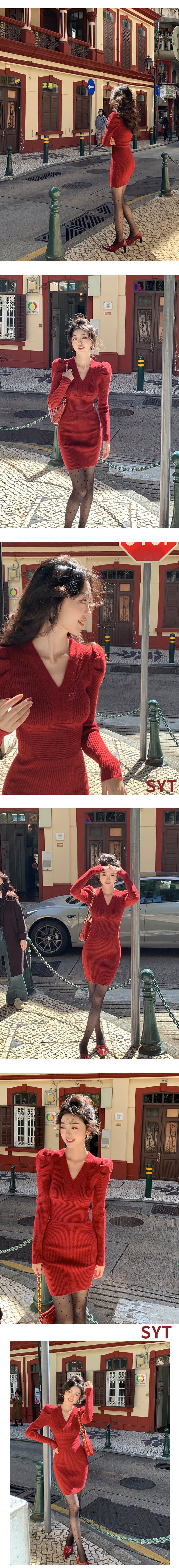syt 연대 센스 레트로 포함 양모 허리 수축 슬림해 보이는 여성 드레스 봄 2026 새로운 V넥 품격 미니 스커트 상세 이미지 2