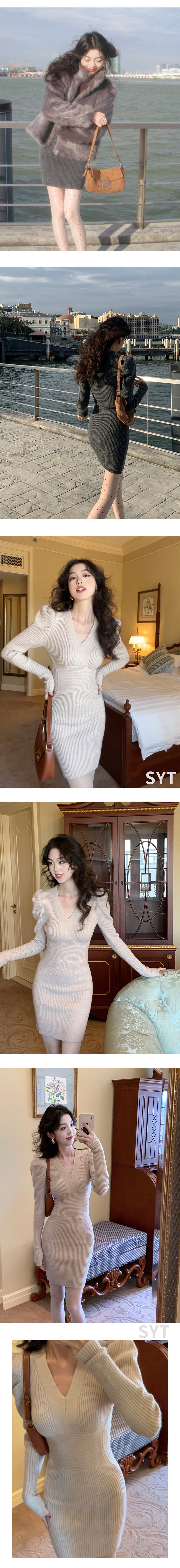 syt 연대 센스 레트로 포함 양모 허리 수축 슬림해 보이는 여성 드레스 봄 2026 새로운 V넥 품격 미니 스커트 상세 이미지 7