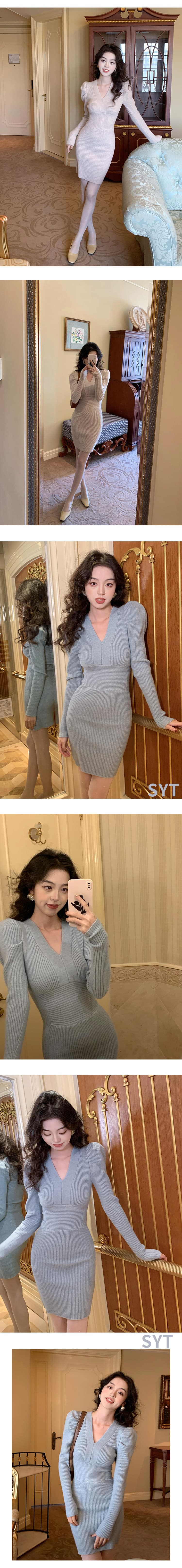 syt 연대 센스 레트로 포함 양모 허리 수축 슬림해 보이는 여성 드레스 봄 2026 새로운 V넥 품격 미니 스커트 상세 이미지 9