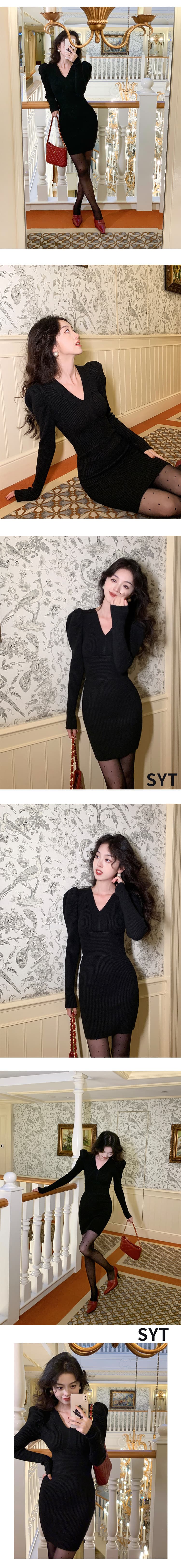 syt 연대 센스 레트로 포함 양모 허리 수축 슬림해 보이는 여성 드레스 봄 2026 새로운 V넥 품격 미니 스커트 상세 이미지 12