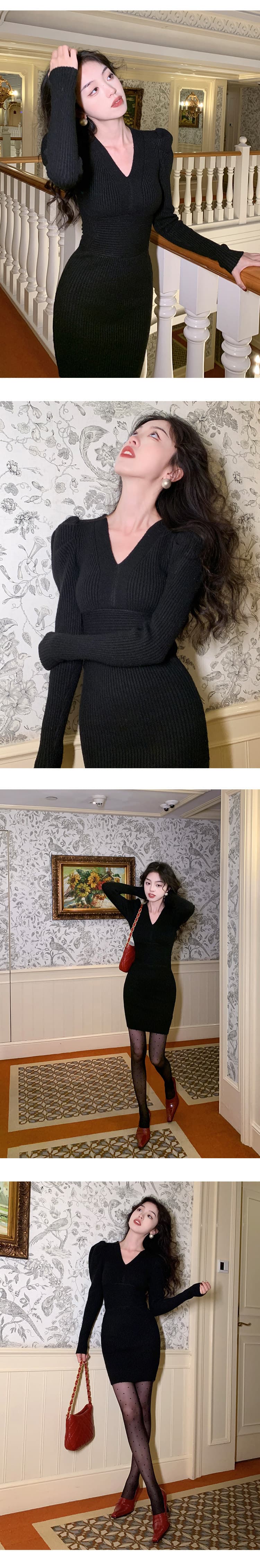 syt 연대 센스 레트로 포함 양모 허리 수축 슬림해 보이는 여성 드레스 봄 2026 새로운 V넥 품격 미니 스커트 상세 이미지 13