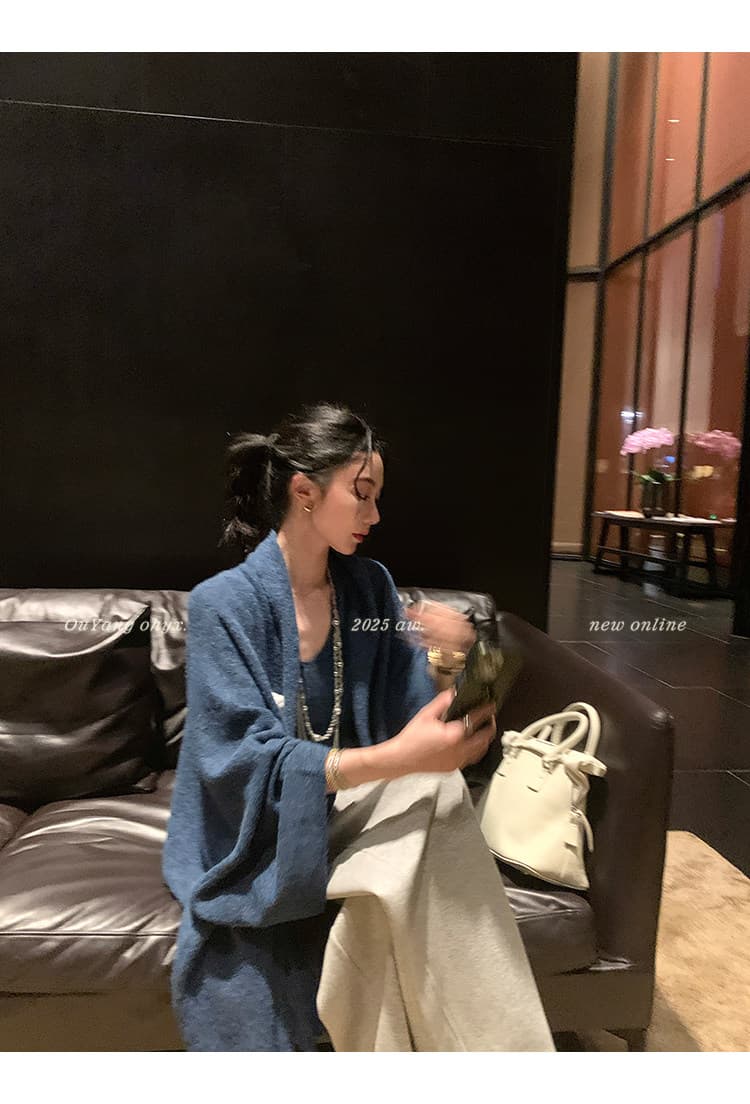 지구 Ouyang 양모 스웨터 여성 코트 겨울 새로운 느긋한 루즈핏 프로필 모양 배트윙 소매 니트 오픈 가디건 맨위 상세 이미지 7