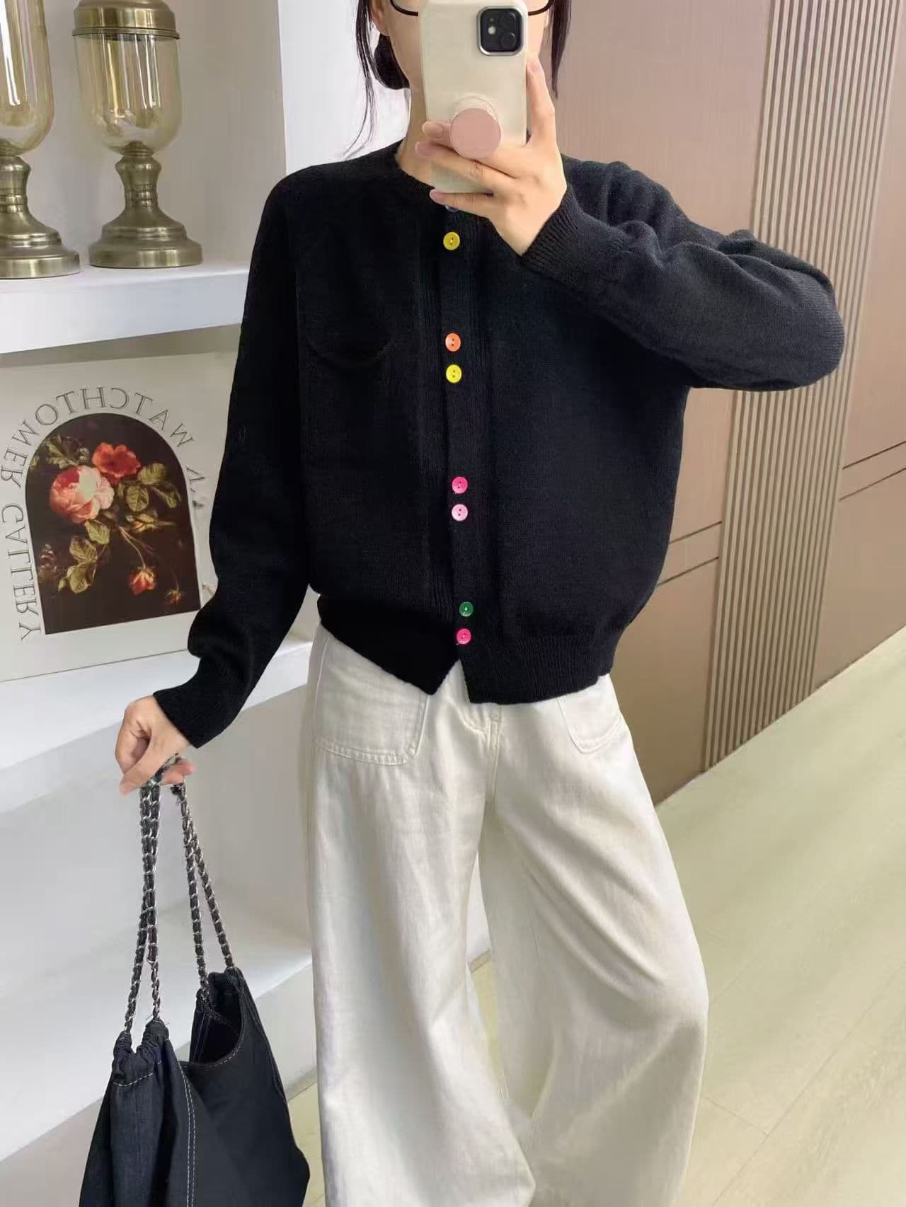 색상 조개 버클 질감 두꺼움 니트 오픈 가디건 디자인 센스 작은 대중 레트로 긴팔 단색 재킷 상세 이미지 4