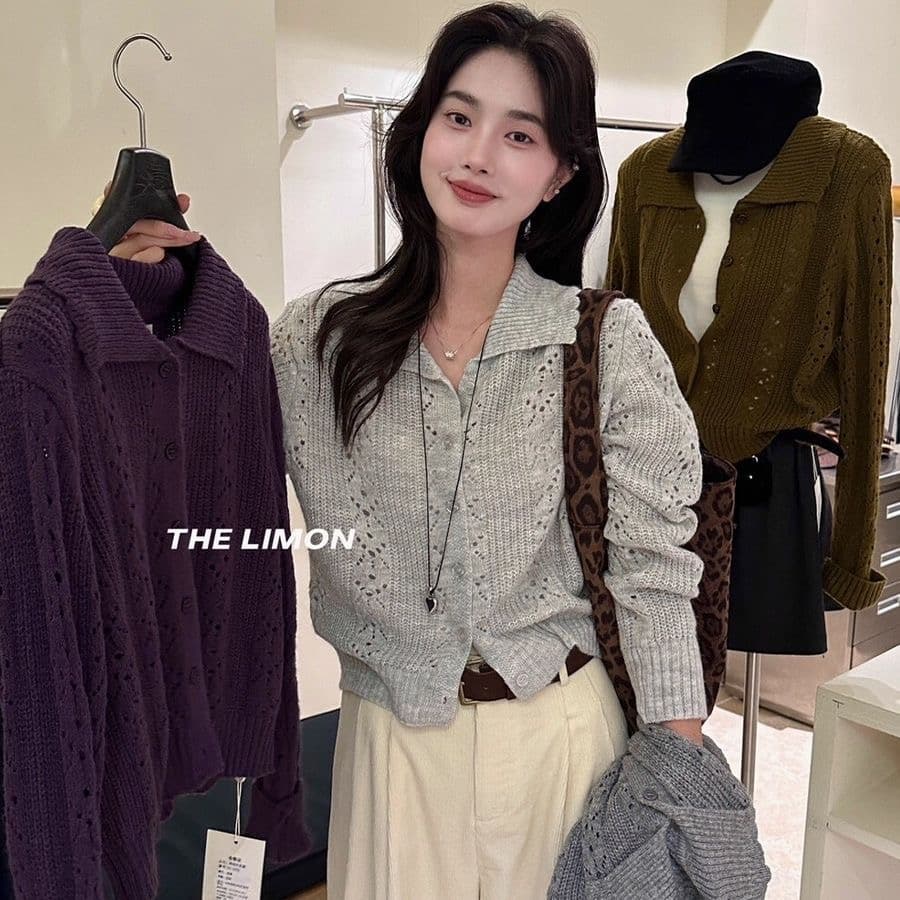 한 부서 POLO 칼라 니트 오픈 가디건 여성 코트 가을 겨울 분위기 센스 루즈핏 폴로 칼라 스웨터 긴팔 짧은 맨위 이미지 2