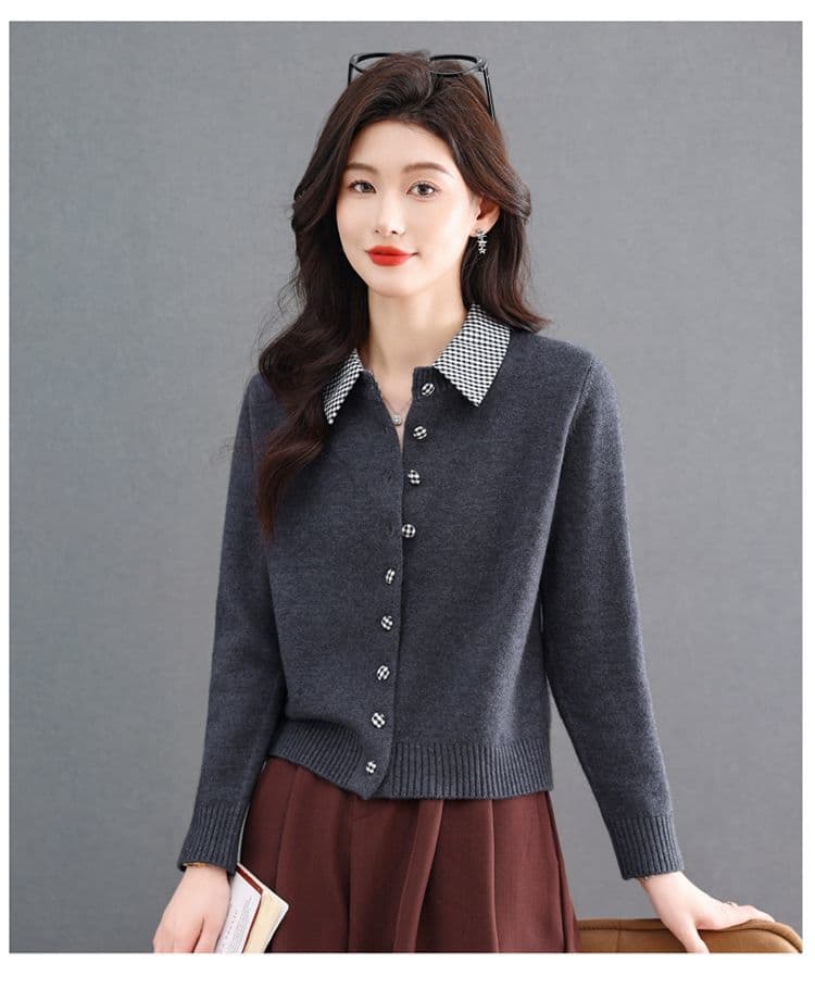 2026 봄 얇은 스타일 긴팔 배색 패치워크 니트 오픈 가디건 표지 고기 POLO 칼라 맨위 상세 이미지 30