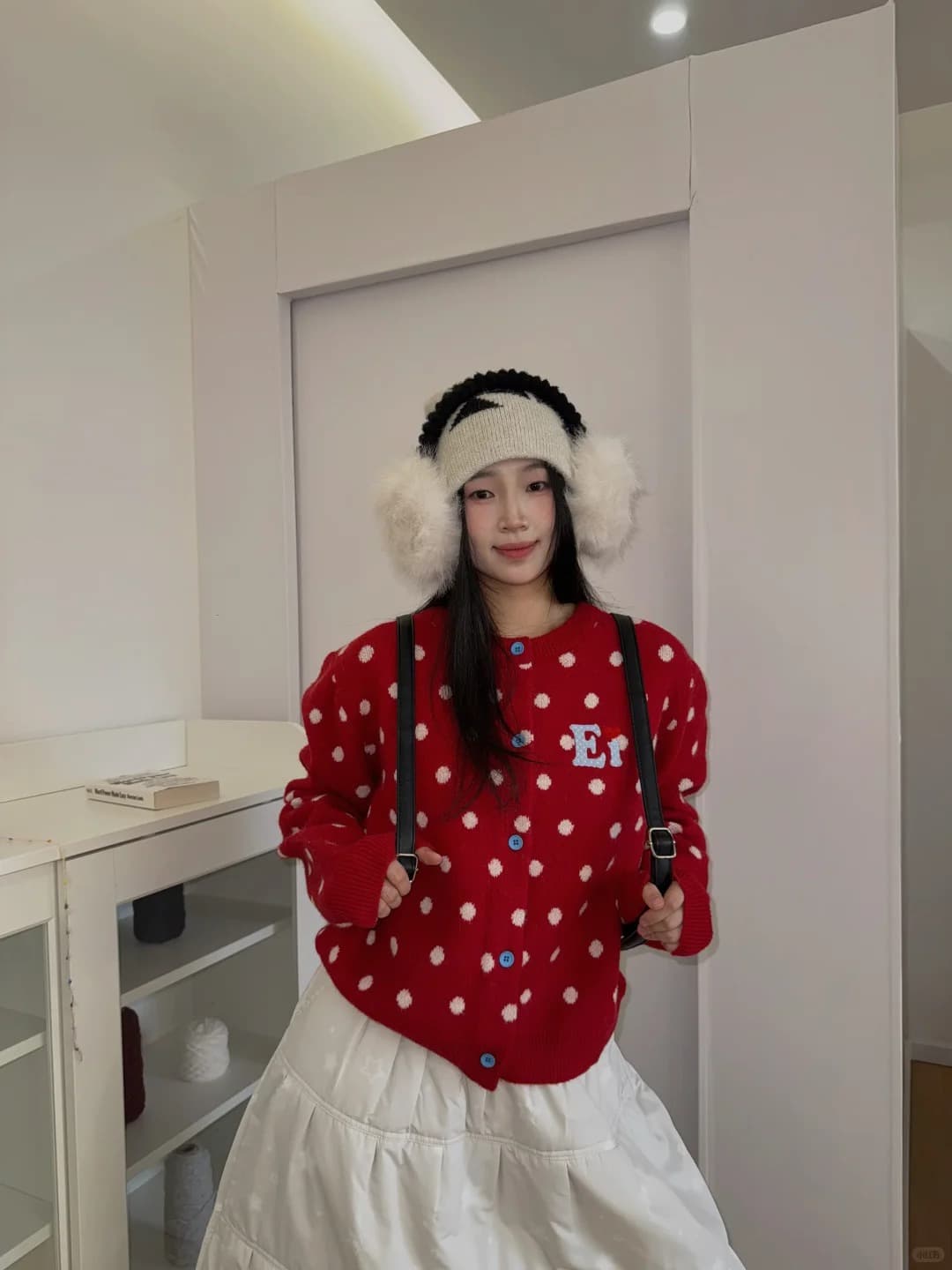 아메리칸 레트로 도트 무늬 오픈 가디건 파란색 스웨터 여성 코트 이른 가을 쇼트 스타일 느긋한 바람 니트 스웨터 맨위 상세 이미지 14
