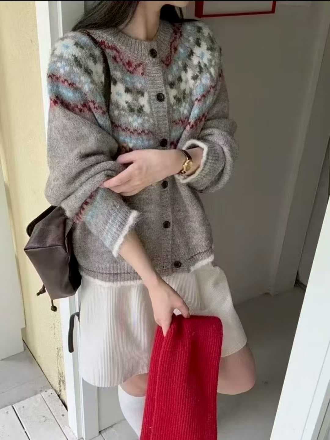 아메리칸 레트로 도트 무늬 오픈 가디건 파란색 스웨터 여성 코트 이른 가을 쇼트 스타일 느긋한 바람 니트 스웨터 맨위 상세 이미지 8