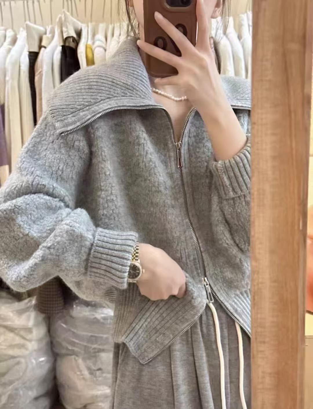 고급 센스 화이트 폴로 칼라 지퍼 오픈 가디건 스웨터 여성 코트 가을 겨울 느긋한 루즈핏 외출용 양모 니트 맨위 이미지 3