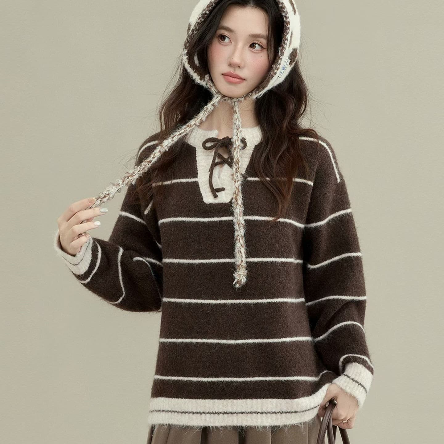한국 가을 POLO 칼라 양모 배색 스트라이프 니트 스웨터 여성 긴 소매 한 부서 쇼트 스타일 라운드 넥 레이스업 스웨터 이미지 5