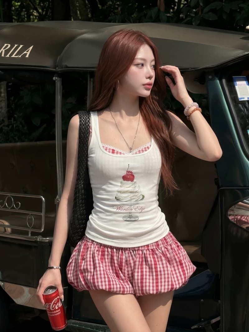 원본 네리 아메리칸 로우 웨이스트 체크무늬 꽃밭 바지 여성 여름 달콤한 핫걸 루즈핏 슬림해 보이는 캐주얼 빨간색 반바지