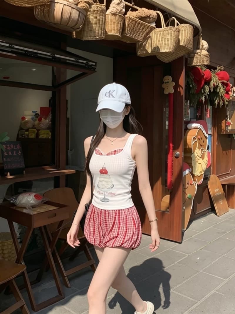 원본 네리 아메리칸 로우 웨이스트 체크무늬 꽃밭 바지 여성 여름 달콤한 핫걸 루즈핏 슬림해 보이는 캐주얼 빨간색 반바지 상세 이미지 6