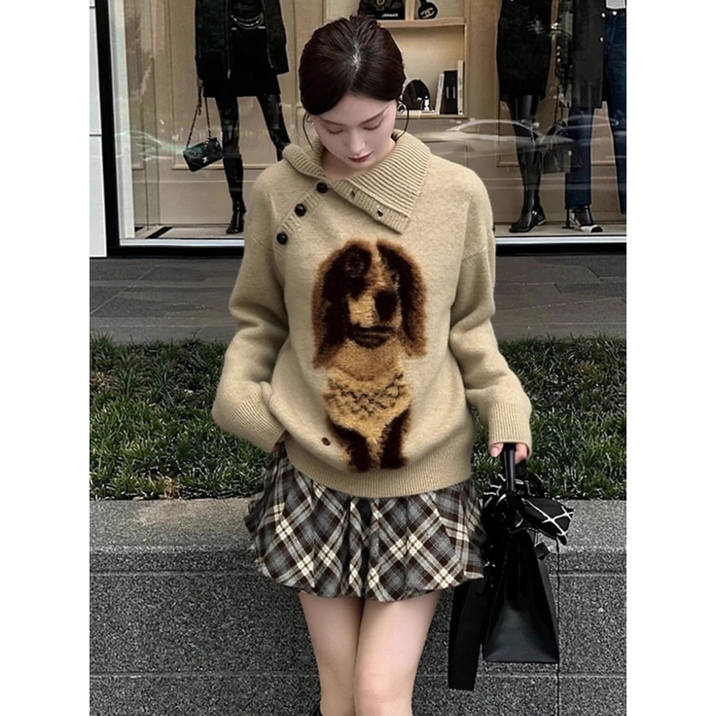 자이언트 잘 생긴 ~ 중 이른 가을 맨위 한 부서 작은 대중 디자인 센스 부드러운 찹쌀 느긋한 바람 폴로 칼라 강아지 프린트 니트 스웨터 이미지 4