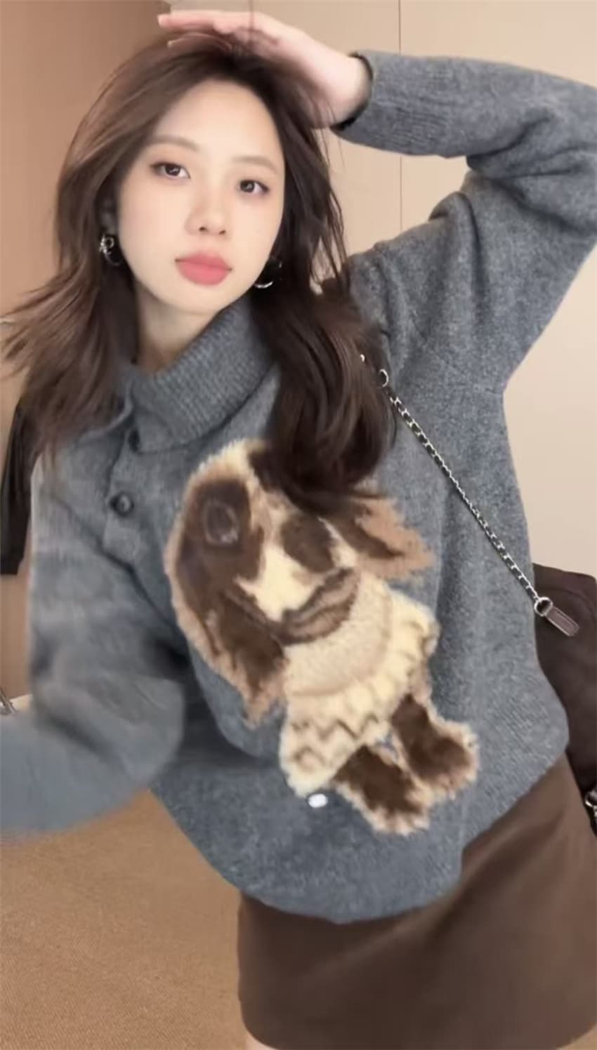 자이언트 잘 생긴 ~ 중 이른 가을 맨위 한 부서 작은 대중 디자인 센스 부드러운 찹쌀 느긋한 바람 폴로 칼라 강아지 프린트 니트 스웨터 상세 이미지 7