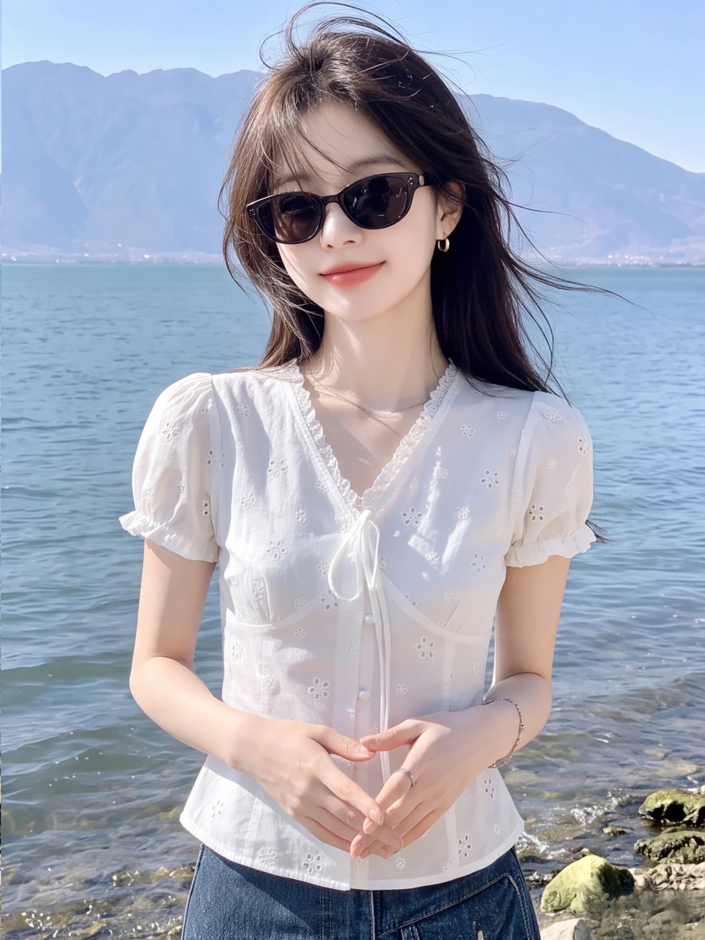 자카드 순면 원단 네리 부드러운 자매 레이스 레이스 칼라 레이스업 홀로우 아웃 꽃 몸매 가꾸기 거품 소매 화이트 맨위 상세 이미지 7